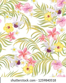 Tropical vector seamless background with palm leaves and flowers. Vintage textile print .