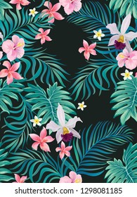 Tropical vector seamless background with palm leaves and flowers. Vintage textile print .Botanical illustration in hawaiian style.