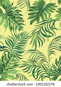 Tropical vector seamless background with palm leaves and flowers. Vintage textile print .