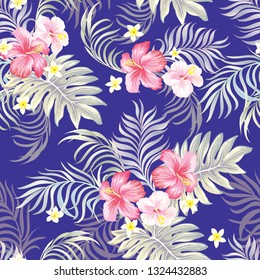 Tropical vector seamless background with palm leaves and flowers. Vintage textile print .