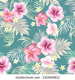 Tropical vector seamless background with palm leaves and flowers. Vintage textile print .
