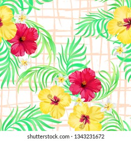Tropical vector seamless background with palm leaves and flowers. Vintage textile print .