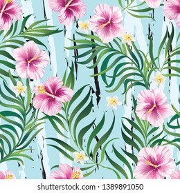 	
Tropical vector seamless background with palm leaves and flowers. Vintage textile print .