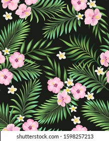 	
Tropical vector seamless background with palm leaves and flowers. Vintage textile print .