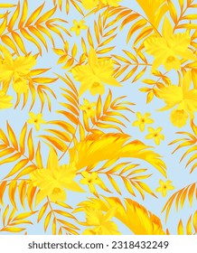 Tropical vector seamless background with palm leaves and flowers. Vintage textile print .