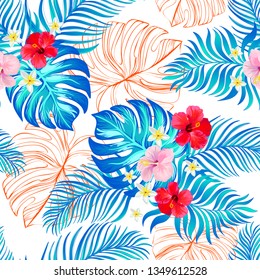 	
Tropical vector seamless background. Pattern illustration with palm leaves and hibiscus flowers. Trendy textile print.