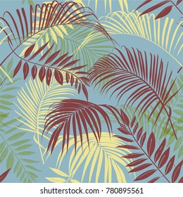 Vector Tropical sin fisuras bello arte, brillante tónica tropical con bosque exótico. Diseño original con motivos florales, colores brillantes sobre fondo azul.