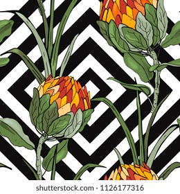 Tropical vector seamless flower and leaves pattern. Exotic background. Wallpaper. Blooming realistic isolated jungle plants, palm. Hand drawn bright illustration.