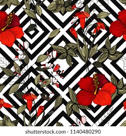 Tropical vector seamless flower and leaves pattern. Exotic background. Wallpaper. Blooming realistic isolated jungle plants, palm. Hand drawn bright illustration.