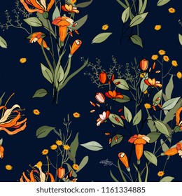 Tropical vector seamless flower and leaves pattern. Exotic background. Wallpaper. Blooming realistic isolated jungle plants, palm. Hand drawn bright illustration.