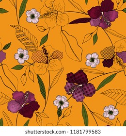 Tropical vector seamless flower and leaves pattern. Exotic background. Wallpaper. Blooming realistic isolated jungle plants, palm. Hand drawn bright illustration.