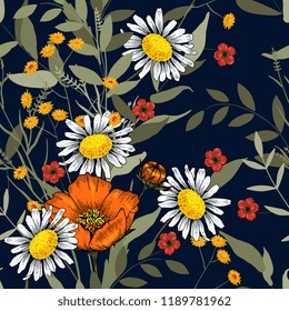 Tropical vector seamless flower and leaves pattern. Exotic background. Wallpaper. Blooming realistic isolated jungle plants, palm. Hand drawn bright illustration.