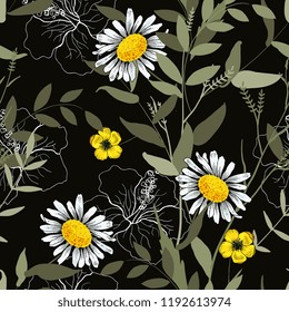 Tropical vector seamless flower and leaves pattern. Exotic background. Wallpaper. Blooming realistic isolated jungle plants, palm. Hand drawn bright illustration.