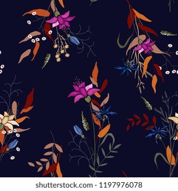 Tropical vector seamless flower and leaves pattern. Exotic background. Wallpaper. Blooming realistic isolated jungle plants, palm. Hand drawn bright illustration.