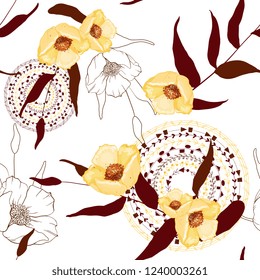 Tropical vector seamless flower and leaves pattern. Exotic background. Wallpaper. Blooming realistic isolated jungle plants, palm. Hand drawn bright illustration.