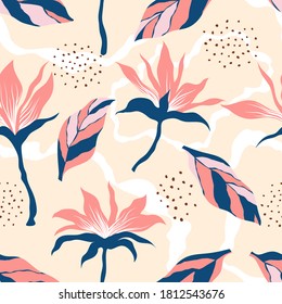 Tropical vector seamless flower and leaves pattern. Exotic background. Wallpaper. Blooming realistic isolated jungle plants, palm. Hand drawn bright illustration.