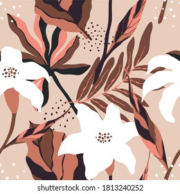 Tropical vector seamless flower and leaves pattern. Exotic background. Wallpaper. Blooming realistic isolated jungle plants, palm. Hand drawn bright illustration.