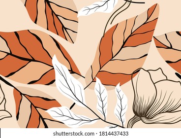 Tropical vector seamless flower and leaves pattern. Exotic background. Wallpaper. Blooming realistic isolated jungle plants, palm. Hand drawn bright illustration.