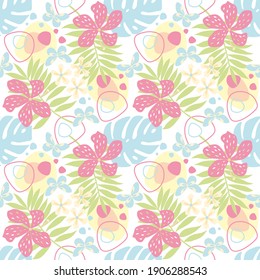 Vector tropical de fondo pastel sin fisuras. Patrón de jungla con flores exóticas y hojas de palma. Vector de material. Papel mural moderno de patrón vectorial de la jungla. Papel, cubierta, tela, decoración interior y mucho más