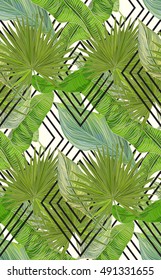 Tropical vector seamless pattern with banana leaves and black-and-white patterns. African, tropical, exotic