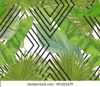 Tropical vector seamless pattern with banana leaves and black-and-white patterns. African, tropical, exotic