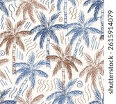 Tropical vector seamless pattern. Blue, brown palm trees on light background. For fabric prints, summer beachwear, hawaiian shirt.