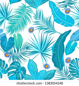 Tropical vector seamless pattern, blue branches on white background. Botany design, jungle leaves of palm tree and flowers.