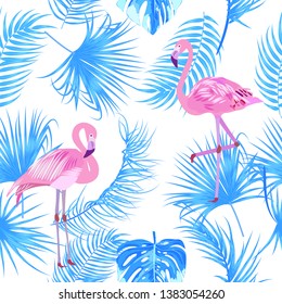 Tropical vector seamless pattern, blue branches and flamingo on white background. Botany design, jungle leaves of palm tree and flowers.