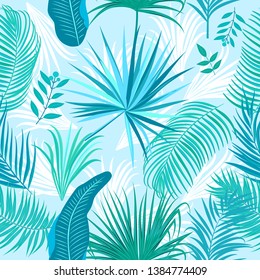 Tropical vector seamless pattern, blue branches. Botany design, jungle leaves of palm tree and flowers.