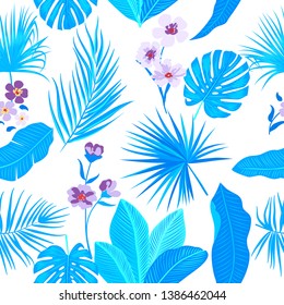 Tropical vector seamless pattern of blue leaves on white background. Botany design, jungle leaves of palm tree and flowers.