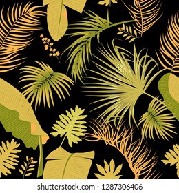 Tropical vector seamless pattern. Botany design, jungle leaves of palm tree and flowers.