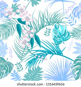 Tropical vector seamless pattern. Botany design, jungle leaves of palm tree and flowers.