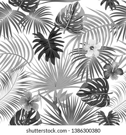 Tropical vector seamless pattern. Botany design, jungle leaves of palm tree and flowers. Black and white background.