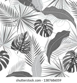 Tropical vector seamless pattern. Botany design, black and white jungle leaves of palm tree and flowers.