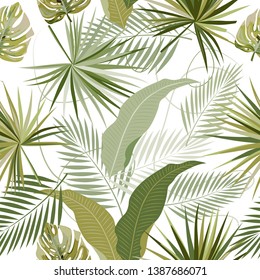 Tropical vector seamless pattern. Botany design, jungle leaves of palm tree and flowers.