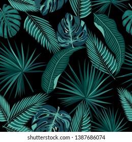 Tropical vector seamless pattern. Botany design, jungle leaves of palm tree and flowers.