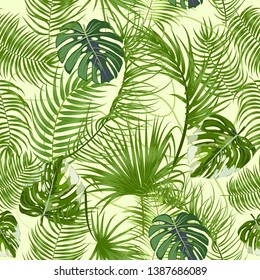 Tropical vector seamless pattern. Botany design, jungle leaves of palm tree and flowers.