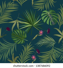 Tropical vector seamless pattern. Botany design, jungle leaves of palm tree and flowers.