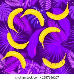 Tropical vector seamless pattern. Botany design, ultra violet jungle leaves of palm tree and bananas.