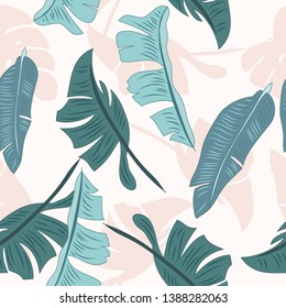 Tropical vector seamless pattern. Botany design, jungle leaves of palm tree and flowers.