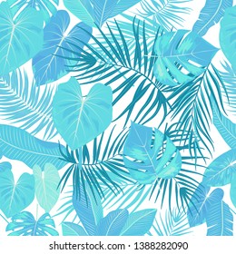 Tropical vector seamless pattern. Botany design, blue jungle leaves of palm tree and flowers.