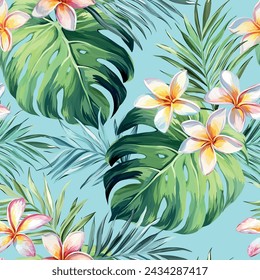 Tropical vector seamless pattern. Bright pattern, background. Plumeria, palm, monstera flowers.