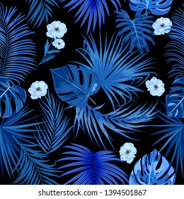 Tropical vector seamless pattern, Classic blue branches on black background. Botany design, jungle leaves of palm tree and flowers.