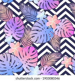 Tropical vector seamless pattern with colorful leaves and exotic flowers on geometrical background. Botanical design template for print, fabric, invitation, brochure, card, wallpaper, cover