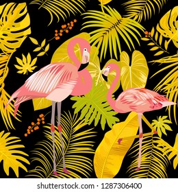 Tropical vector seamless pattern with flamingo. Botany design, jungle leaves of palm tree and flowers.