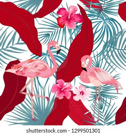 Tropical vector seamless pattern with flamingo. Botany design, jungle leaves of palm tree and flowers.