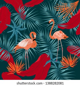 Tropical vector seamless pattern with flamingo. Botany design, jungle leaves of palm tree and flowers.