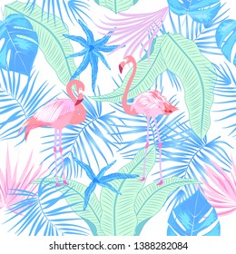 Tropical vector seamless pattern with flamingo. Botany design, blue jungle leaves of palm tree and flowers.