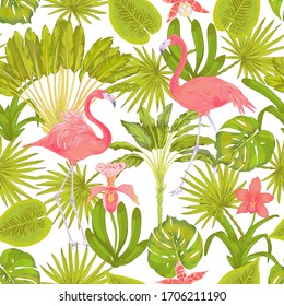 Tropical vector seamless pattern with flamingo bird and orchid flower, banana tree, ravenala tree