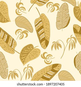 Tropical vector seamless pattern with gold leaves of palm tree and flowers. Botany light background, jungle  wallpaper.